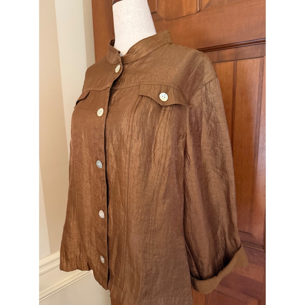 Ruby‎ Rd Crinkled Shimmer Blouse Womens Size 16 Cinnamon Bronze Roll-Tab Sleeves
